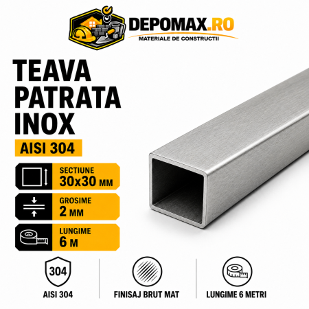 Teava patrata inox AISI 304, 30 x 30 x 2 mm, 6 metri